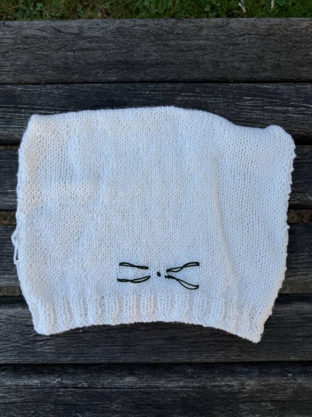 Handmade Knit Cat Ear Beanie – Cute White Kitten Hat with Embroidered Whiskers